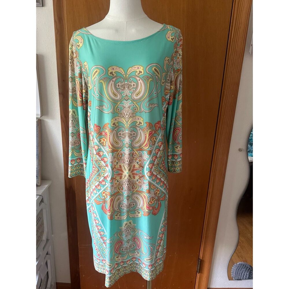 Haani Aqua Teal Mirror Paisley Print Stretch Sheath Dress Size L